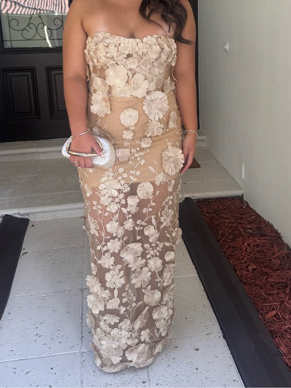 Strapless Floral Appliqué Evening Gown - Nude